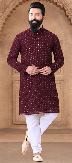 Party Wear Red and Maroon color Kurta Pyjamas in Georgette fabric with Embroidered, Sequence, Thread work : 1949973