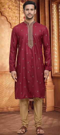 Festive, Party Wear Red and Maroon color Kurta Pyjamas in Art Silk fabric with Embroidered work : 1949977