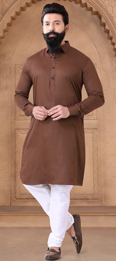 Party Wear Beige and Brown color Kurta Pyjamas in Cotton fabric with Thread work : 1950078