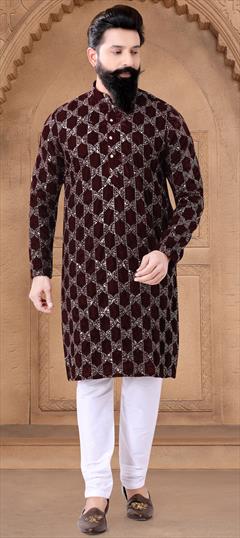 Party Wear Red and Maroon color Kurta Pyjamas in Velvet fabric with Embroidered, Sequence, Thread work : 1950082