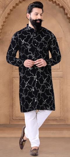 Party Wear Black and Grey color Kurta Pyjamas in Velvet fabric with Embroidered, Sequence, Valvet work : 1950083