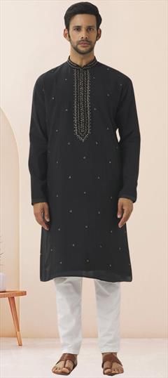 Festive, Party Wear Black and Grey color Kurta Pyjamas in Art Silk fabric with Embroidered work : 1950095