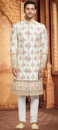 Wedding White and Off White color Sherwani in Silk fabric with Embroidered work : 1950104