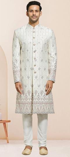 Wedding White and Off White color Sherwani in Silk fabric with Embroidered work : 1950105