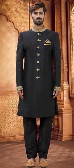 Wedding Black and Grey color Sherwani in Art Silk fabric with Embroidered work : 1950122