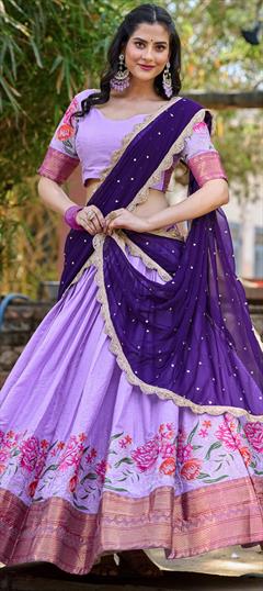 Engagement, Mehendi Sangeet, Reception Purple and Violet color Lehenga in Silk cotton fabric with Flared Embroidered, Thread work : 1950191
