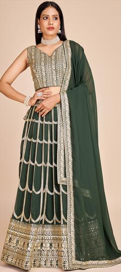 Reception, Wedding Green color Lehenga in Faux Georgette fabric with Flared Embroidered, Sequence, Thread work : 1950193