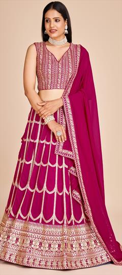 Reception, Wedding Pink and Majenta color Lehenga in Faux Georgette fabric with Flared Embroidered, Sequence, Thread work : 1950194