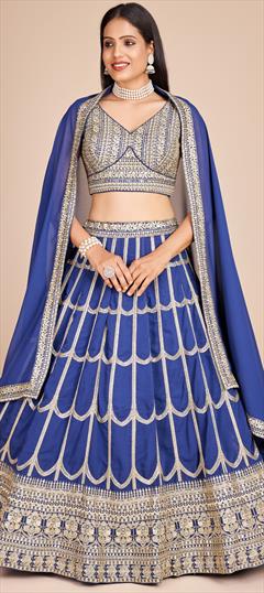 Reception, Wedding Blue color Lehenga in Faux Georgette fabric with Flared Embroidered, Sequence, Thread work : 1950196