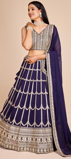 Reception, Wedding Purple and Violet color Lehenga in Faux Georgette fabric with Flared Embroidered, Sequence, Thread work : 1950197