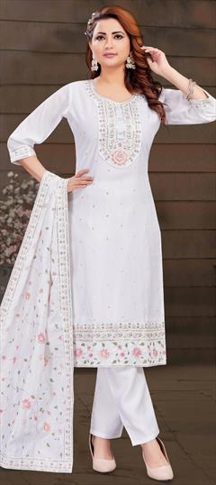Festive, Party Wear, Reception White and Off White color Salwar Kameez in Art Silk fabric with Straight Embroidered, Sequence, Thread work : 1950205