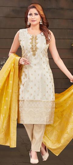 Festive, Party Wear, Reception White and Off White color Salwar Kameez in Art Silk fabric with Straight Embroidered, Sequence work : 1950210