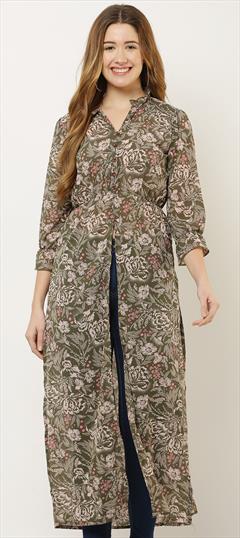 Casual Black and Grey color Kurti in Chiffon fabric with Long Sleeve, Slits Floral, Printed work : 1950230