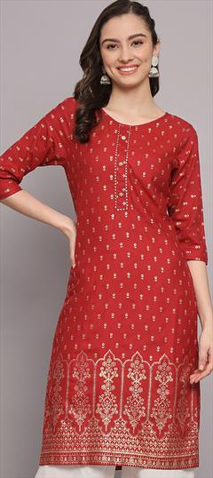 Casual Red and Maroon color Kurti in Rayon fabric with Long Sleeve, Straight Foil Print, Gota Patti work : 1950231