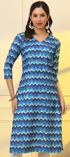 Casual Blue color Kurti in Rayon fabric with Long Sleeve, Straight Printed work : 1950232