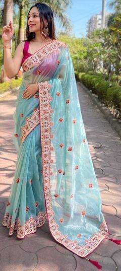 Festive, Reception, Traditional Blue color Saree in Organza Silk fabric with Classic Embroidered, Resham, Thread work : 1950266