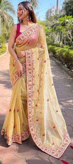 Festive, Reception, Traditional Gold color Saree in Organza Silk fabric with Classic Embroidered, Resham, Thread work : 1950268