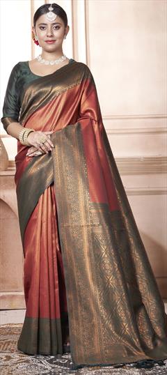 Party Wear, Traditional Orange color Saree in Kanjeevaram Silk fabric with South Weaving work : 1950329
