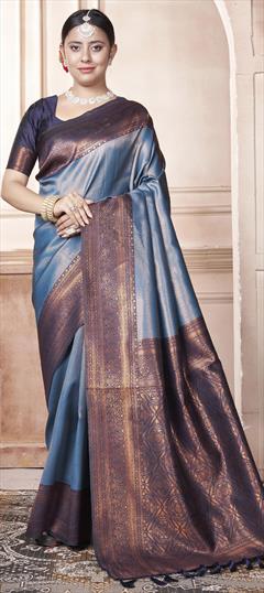 Party Wear, Traditional Black and Grey color Saree in Kanjeevaram Silk fabric with South Weaving work : 1950330