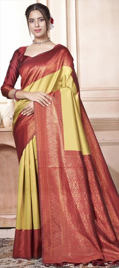 Party Wear, Traditional Green color Saree in Kanjeevaram Silk fabric with South Weaving work : 1950331