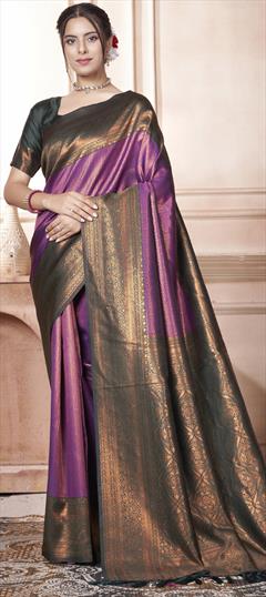 Party Wear, Traditional Purple and Violet color Saree in Kanjeevaram Silk fabric with South Weaving work : 1950332