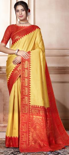 Party Wear, Traditional Yellow color Saree in Kanjeevaram Silk fabric with South Weaving work : 1950336