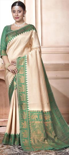 Party Wear, Traditional Beige and Brown color Saree in Kanjeevaram Silk fabric with South Weaving work : 1950337
