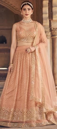 Reception, Wedding Pink and Majenta color Lehenga in Net fabric with Flared Embroidered, Sequence, Thread, Zari work : 1950338