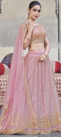 Reception, Wedding Pink and Majenta color Lehenga in Net fabric with Flared Embroidered, Sequence, Thread, Zari work : 1950339