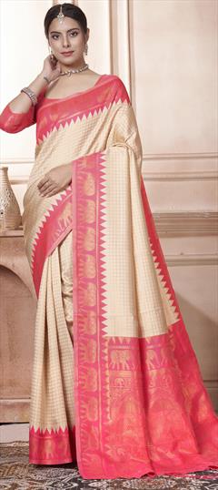 Party Wear, Traditional Beige and Brown color Saree in Kanjeevaram Silk fabric with South Weaving work : 1950340