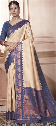 Party Wear, Traditional Beige and Brown color Saree in Kanjeevaram Silk fabric with South Weaving work : 1950341