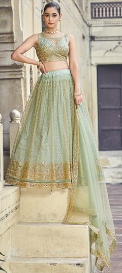 Reception, Wedding Green color Lehenga in Net fabric with Flared Embroidered, Sequence, Thread, Zari work : 1950343