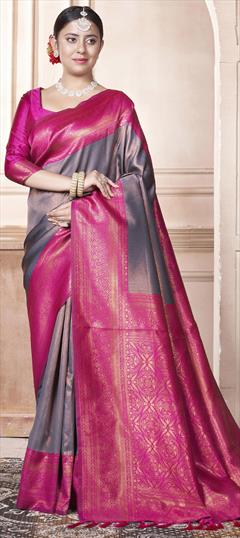 Party Wear, Traditional Black and Grey color Saree in Kanjeevaram Silk fabric with South Weaving work : 1950345