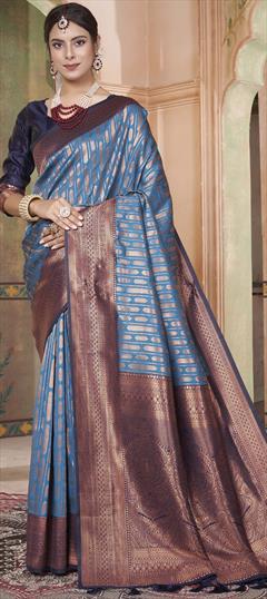 Party Wear, Traditional Black and Grey color Saree in Kanjeevaram Silk fabric with South Weaving work : 1950354