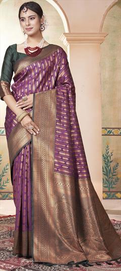 Party Wear, Traditional Pink and Majenta color Saree in Kanjeevaram Silk fabric with South Weaving work : 1950360