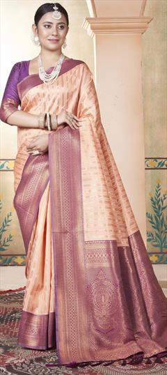 Party Wear, Traditional Beige and Brown color Saree in Kanjeevaram Silk fabric with South Weaving work : 1950368