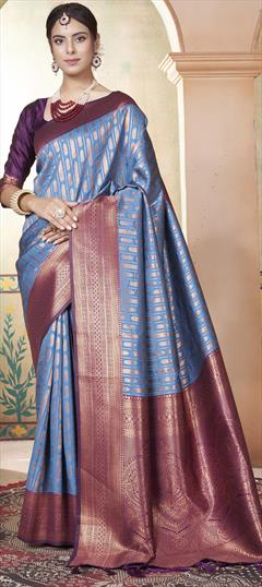 Party Wear, Traditional Black and Grey color Saree in Kanjeevaram Silk fabric with South Weaving work : 1950372