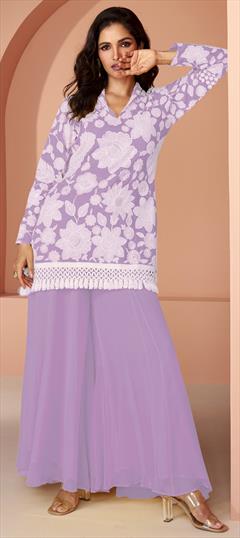 Festive, Summer Purple and Violet color Salwar Kameez in Faux Georgette fabric with Embroidered, Lace, Resham, Sequence work : 1950397