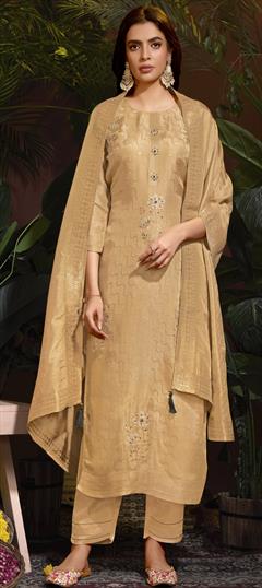 Festive, Reception Beige and Brown color Salwar Kameez in Viscose fabric with Straight Bugle Beads, Weaving work : 1950401