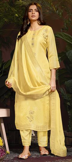 Festive, Reception Yellow color Salwar Kameez in Viscose fabric with Straight Bugle Beads, Weaving work : 1950402
