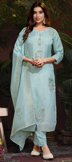 Festive, Reception Blue color Salwar Kameez in Viscose fabric with Straight Bugle Beads, Weaving work : 1950403