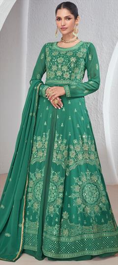 Engagement, Reception, Wedding Green color Long Lehenga Choli in Georgette fabric with Embroidered, Sequence, Thread, Zari work : 1950407