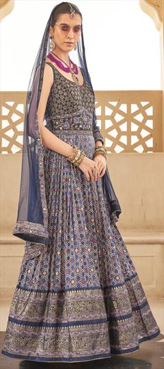 Engagement, Mehendi Sangeet, Wedding Black and Grey, Blue color Gown in Silk fabric with Bugle Beads, Embroidered, Resham, Sequence, Weaving work : 1950424