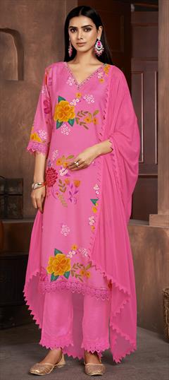 Festive, Mehendi Sangeet, Reception Pink and Majenta color Salwar Kameez in Muslin fabric with Straight Digital Print, Embroidered, Floral, Lace work : 1950429