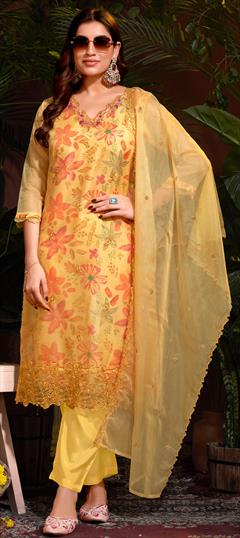 Festive, Party Wear Yellow color Salwar Kameez in Organza Silk fabric with Straight Embroidered, Floral, Printed, Sequence, Zircon work : 1950435