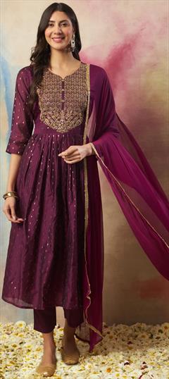 Festive, Reception Purple and Violet color Salwar Kameez in Silk cotton fabric with A Line Embroidered, Sequence, Thread, Zari work : 1950440