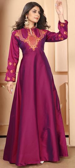 Festive, Reception Pink and Majenta color Gown in Silk fabric with Embroidered, Resham, Stone, Zari work : 1950443