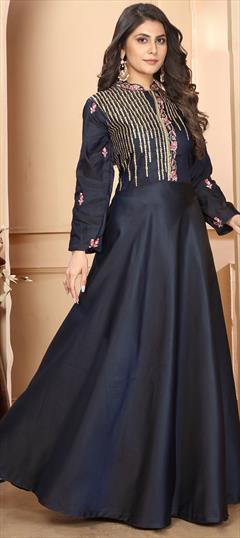 Festive, Reception Blue color Gown in Silk fabric with Embroidered, Resham, Stone, Zari work : 1950444