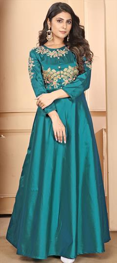 Festive, Reception Blue color Gown in Silk fabric with Embroidered, Resham, Stone, Zari work : 1950445