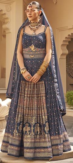 Engagement, Mehendi Sangeet, Wedding Blue color Gown in Patola Silk fabric with Bugle Beads, Embroidered, Printed, Sequence, Weaving work : 1950446